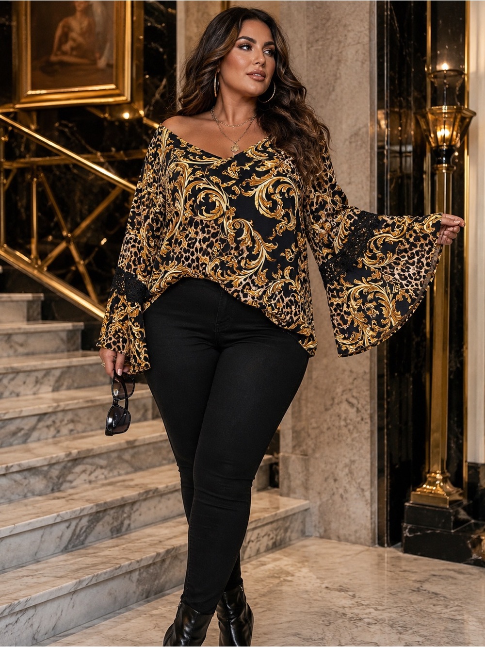 Plus 18/20 Baroque Leopard Bell Sleeve Blouse Black Gold Boho Chic Statement Top